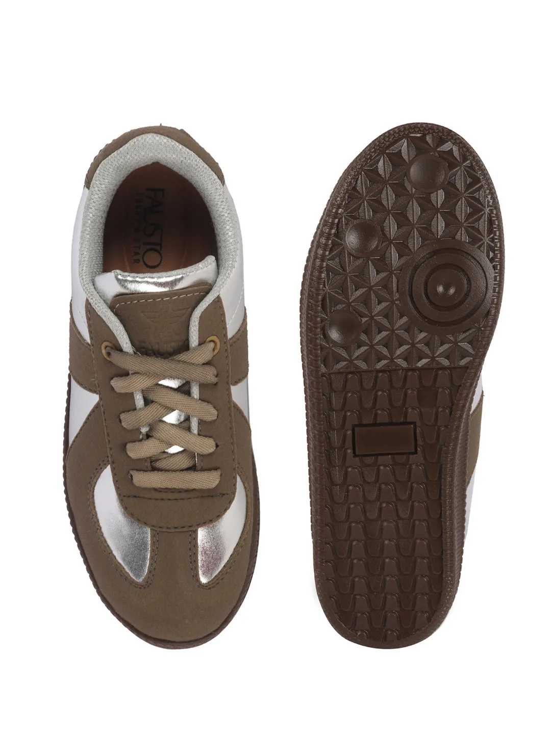Women Tan Embellished Classic Lace-Up Casual Shoes|Memory Cushioned Comfortable Sneakers