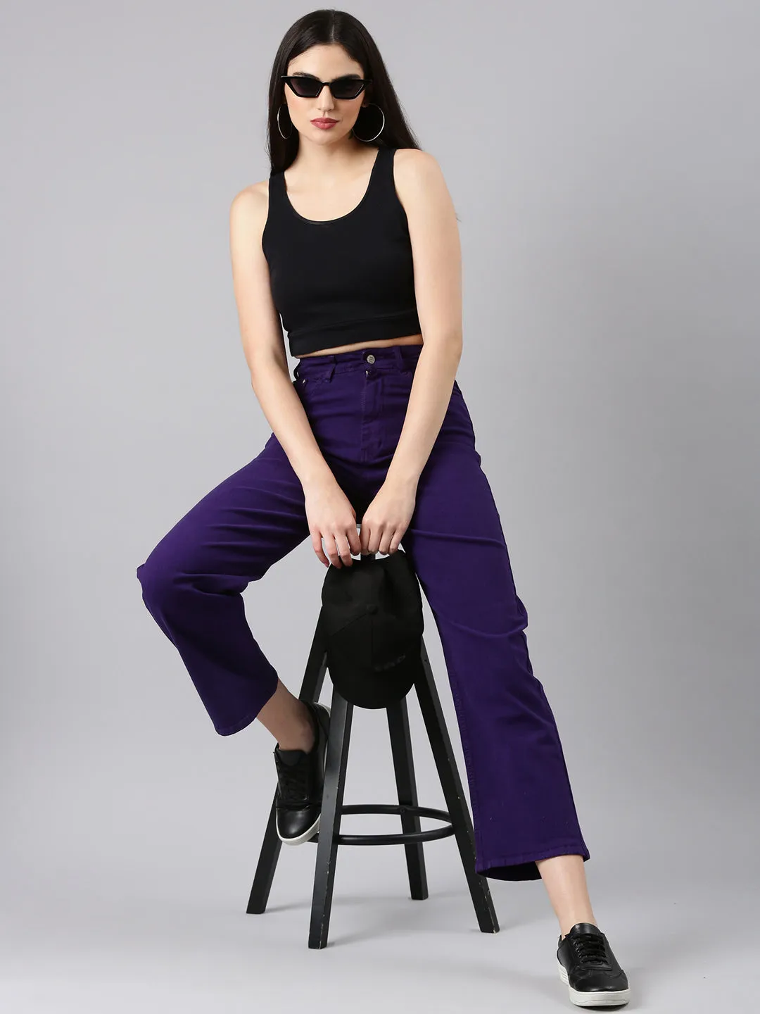 Women Violet Solid Straight Fit Denim Jeans