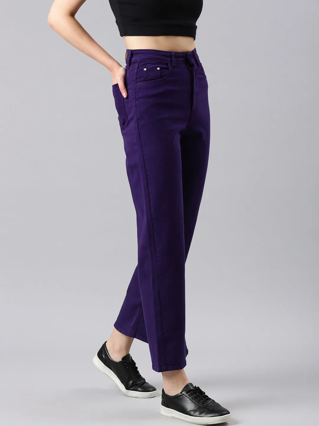 Women Violet Solid Straight Fit Denim Jeans