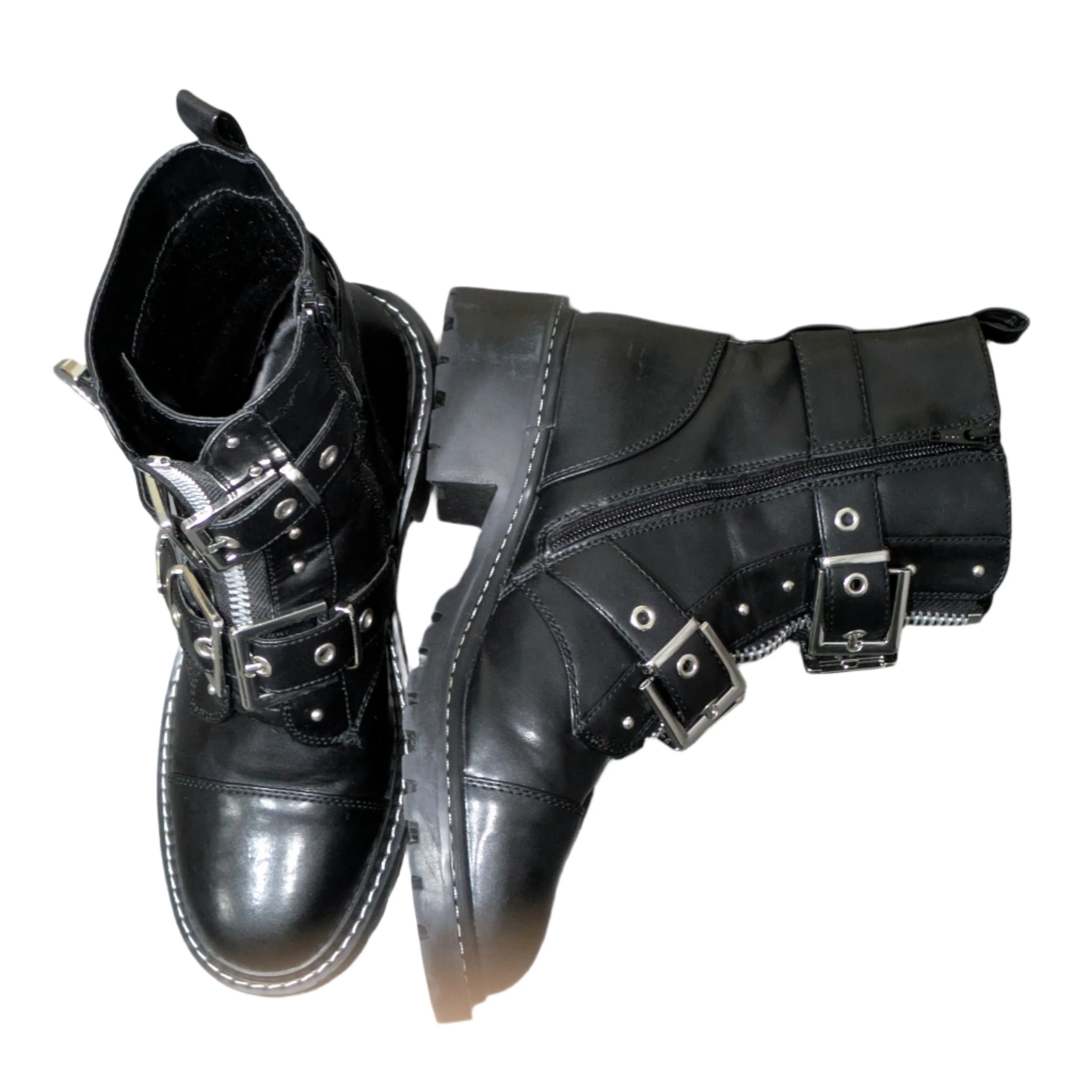 Women's River Island Black Chunky Buckled Ankle Boots Size UK 7 / EU 41 / US 9